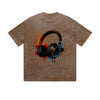 Vintage Washed T-Shirt Headphone Music Paint Splash Graphic Print Casual Daily Streetwear Feel lives