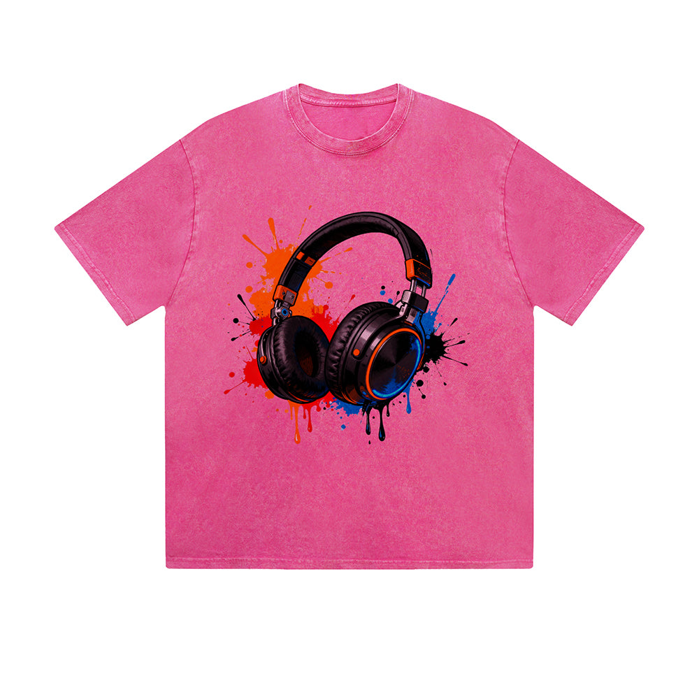 Vintage Washed T-Shirt Headphone Music Paint Splash Graphic Print Casual Daily Streetwear Feel lives