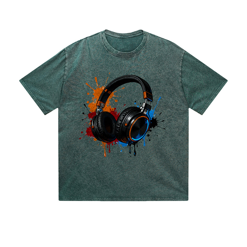 Vintage Washed T-Shirt Headphone Music Paint Splash Graphic Print Casual Daily Streetwear Feel lives