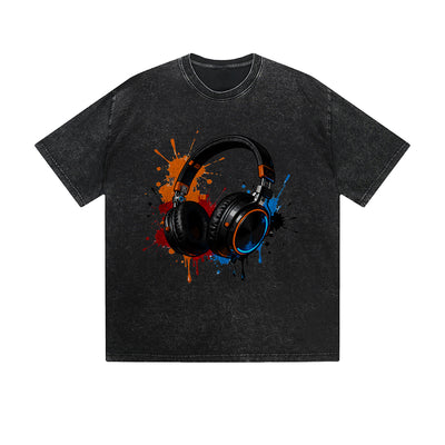 Vintage Washed T-Shirt Headphone Music Paint Splash Graphic Print Casual Daily Streetwear Feel lives