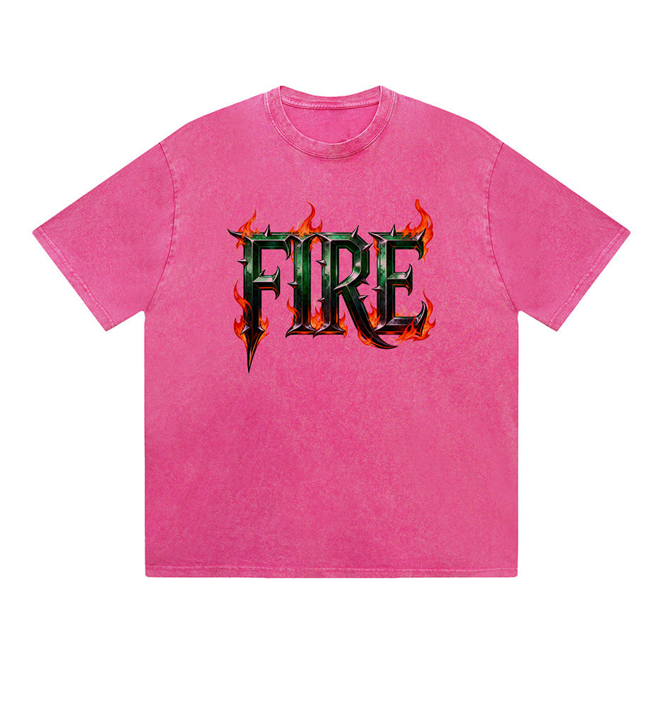 Vintage Washed T-Shirt Fire Flame Text Graphic Print Casual Daily Streetwear Feel lives