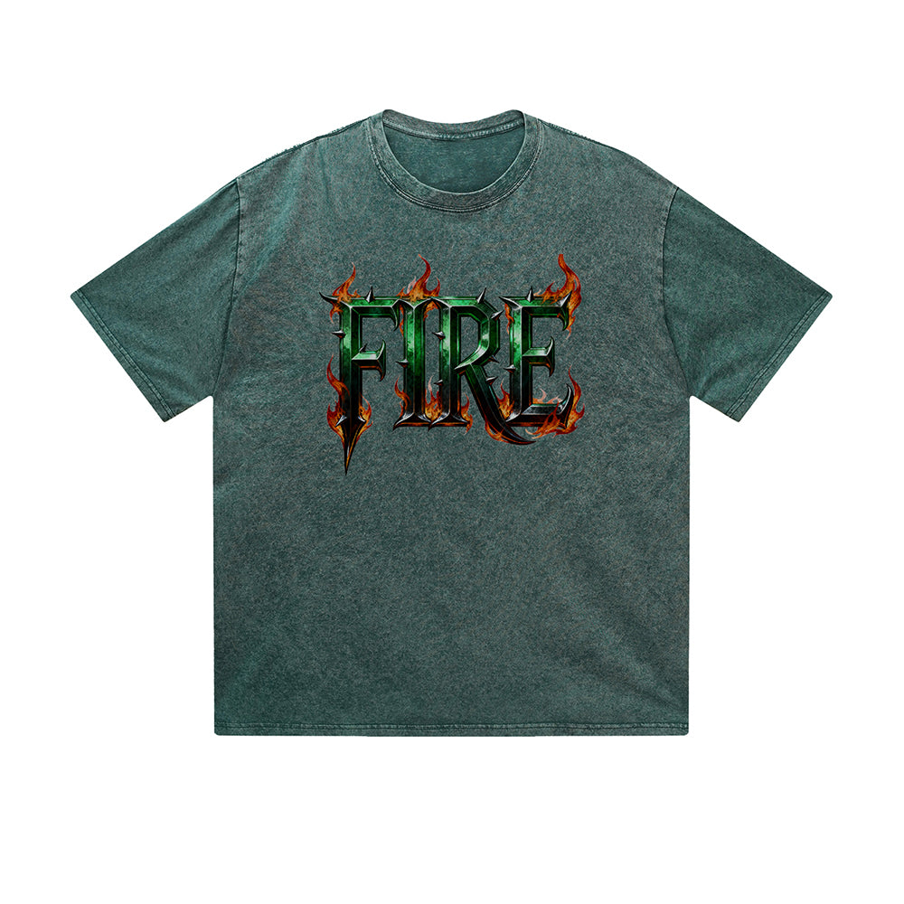 Vintage Washed T-Shirt Fire Flame Text Graphic Print Casual Daily Streetwear Feel lives