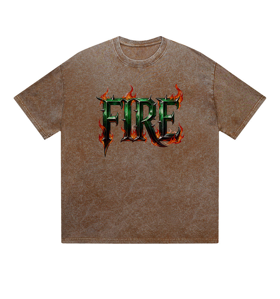 Vintage Washed T-Shirt Fire Flame Text Graphic Print Casual Daily Streetwear Feel lives