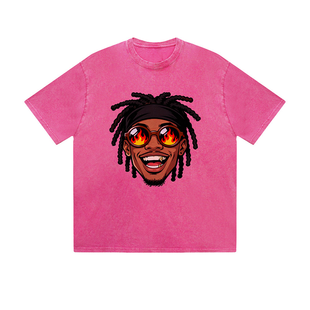 Vintage Washed T-Shirt Cool Guy Dreadlocks Fire Sunglasses Smiling Face Cartoon Graphic Print Casual Daily Streetwear Feel lives