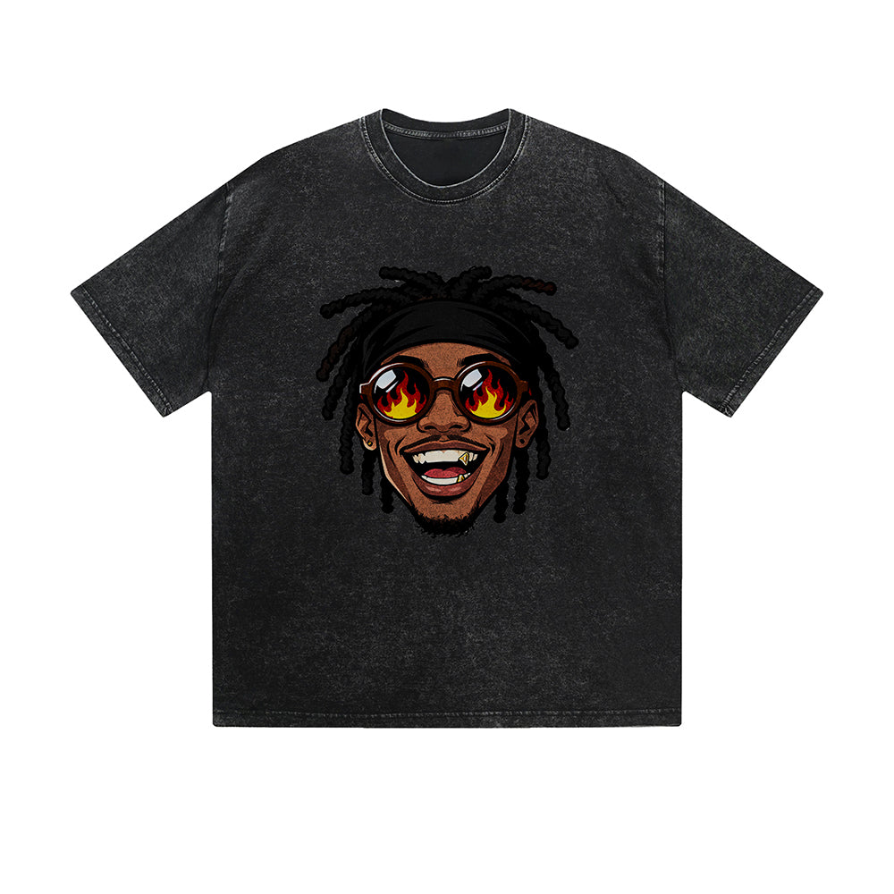 Vintage Washed T-Shirt Cool Guy Dreadlocks Fire Sunglasses Smiling Face Cartoon Graphic Print Casual Daily Streetwear Feel lives