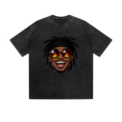 Vintage Washed T-Shirt Cool Guy Dreadlocks Fire Sunglasses Smiling Face Cartoon Graphic Print Casual Daily Streetwear Feel lives