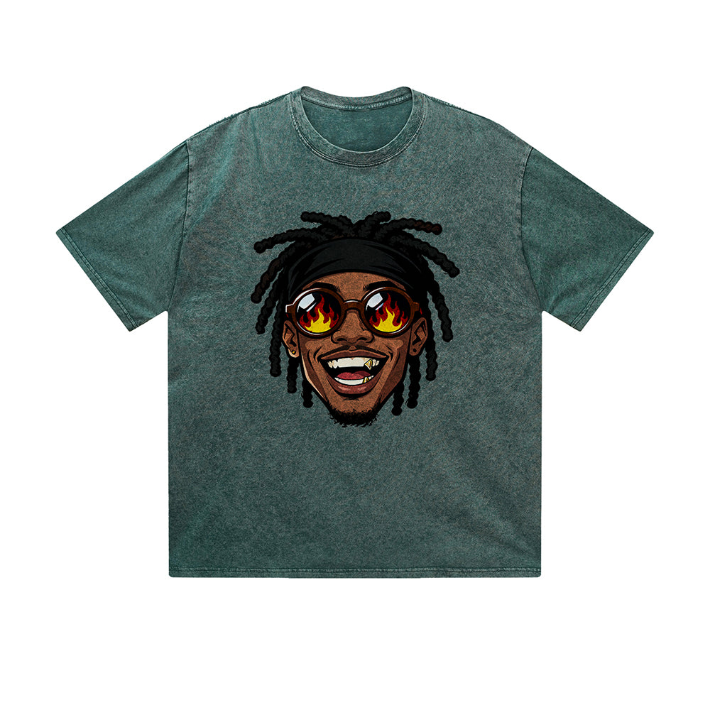 Vintage Washed T-Shirt Cool Guy Dreadlocks Fire Sunglasses Smiling Face Cartoon Graphic Print Casual Daily Streetwear Feel lives