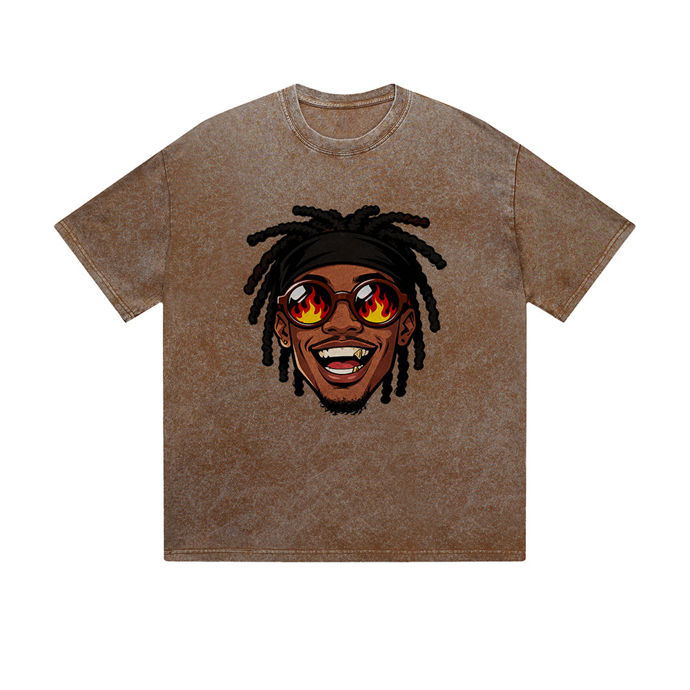 Vintage Washed T-Shirt Cool Guy Dreadlocks Fire Sunglasses Smiling Face Cartoon Graphic Print Casual Daily Streetwear Feel lives
