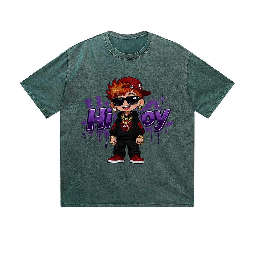 Vintage Washed T-Shirt Hip Boy Cool Kid Sunglasses Red Cap Purple Text Cartoon Graphic Print Casual Daily Streetwear Feel lives