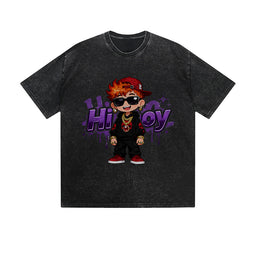 Vintage Washed T-Shirt Hip Boy Cool Kid Sunglasses Red Cap Purple Text Cartoon Graphic Print Casual Daily Streetwear Feel lives