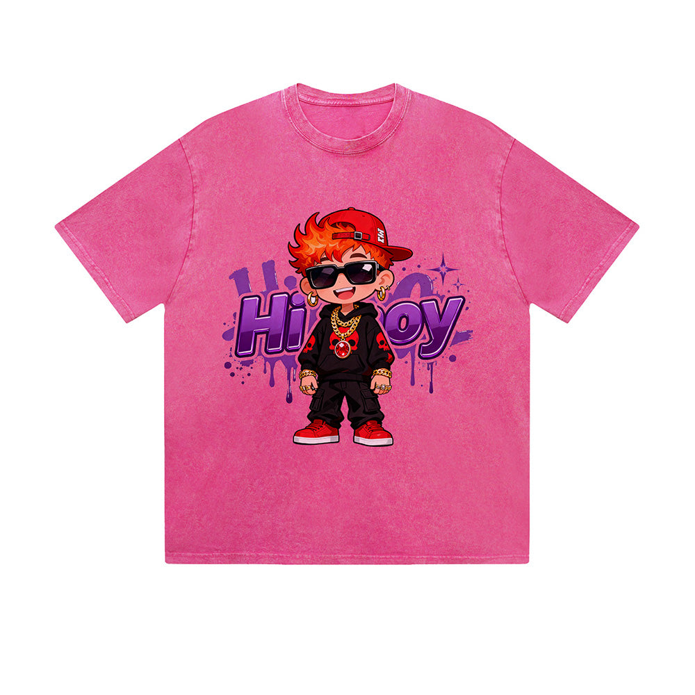 Vintage Washed T-Shirt Hip Boy Cool Kid Sunglasses Red Cap Purple Text Cartoon Graphic Print Casual Daily Streetwear Feel lives