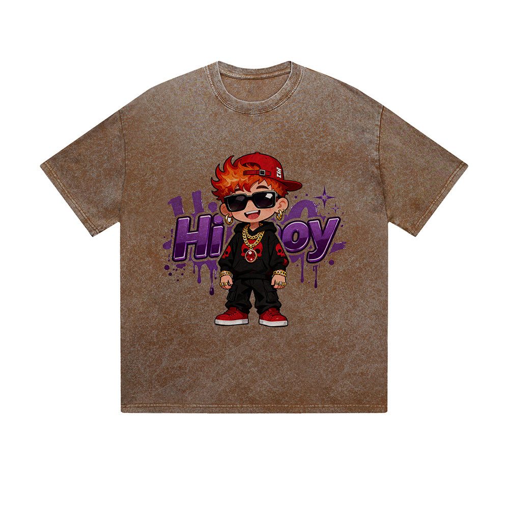 Vintage Washed T-Shirt Hip Boy Cool Kid Sunglasses Red Cap Purple Text Cartoon Graphic Print Casual Daily Streetwear Feel lives