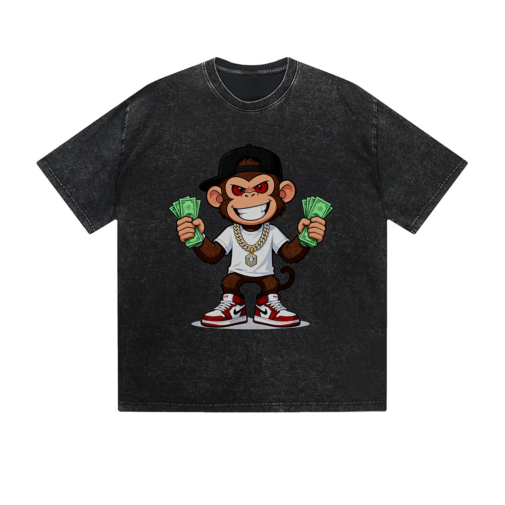 Vintage Washed T-Shirt Cool Monkey Money Hip Hop Cartoon Graphic Print Casual Daily Streetwear Feel lives