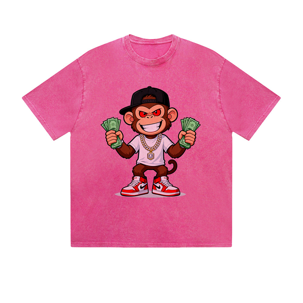 Vintage Washed T-Shirt Cool Monkey Money Hip Hop Cartoon Graphic Print Casual Daily Streetwear Feel lives