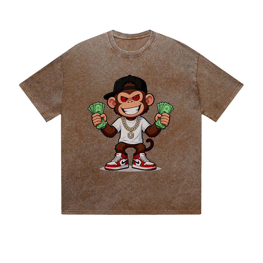 Vintage Washed T-Shirt Cool Monkey Money Hip Hop Cartoon Graphic Print Casual Daily Streetwear Feel lives