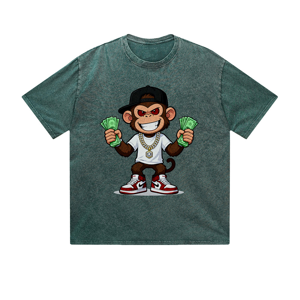 Vintage Washed T-Shirt Cool Monkey Money Hip Hop Cartoon Graphic Print Casual Daily Streetwear Feel lives