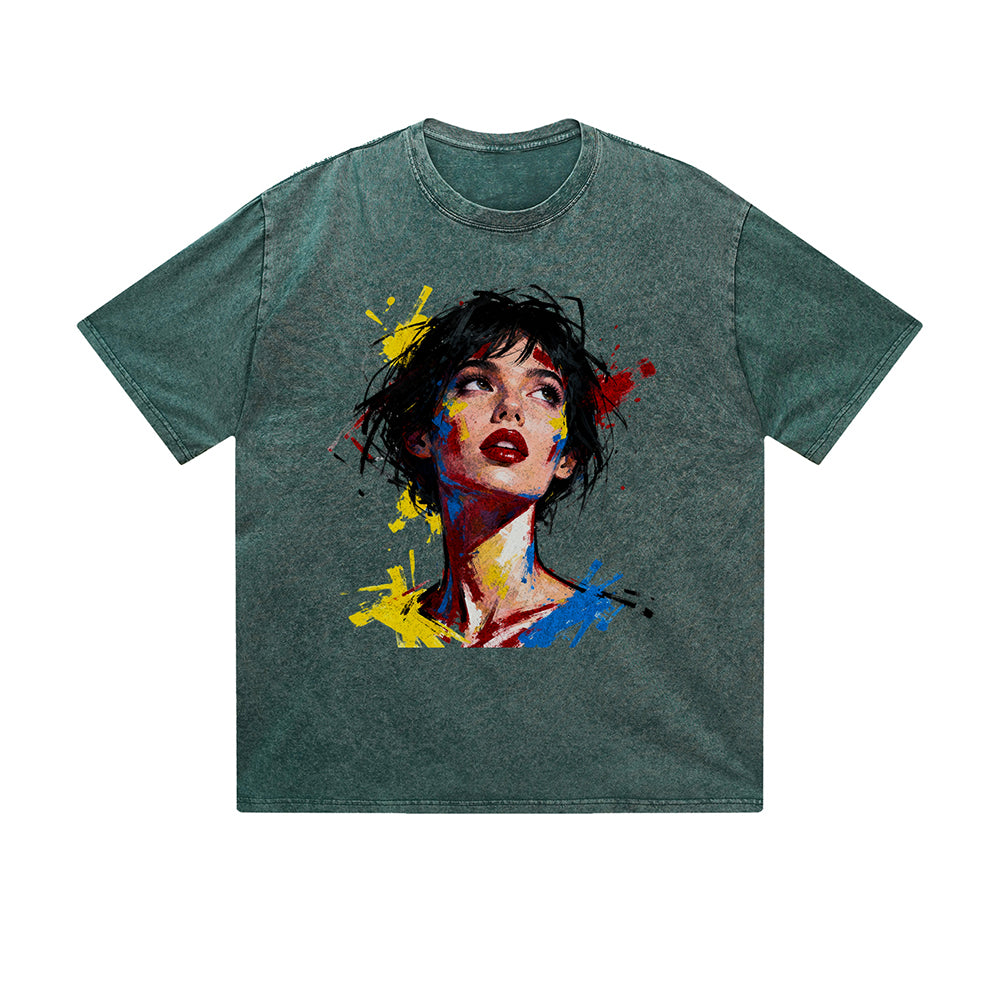 Solid Color T-Shirt Colorful Portrait Art Woman Face Graphic Print Casual Daily Streetwear Feel lives