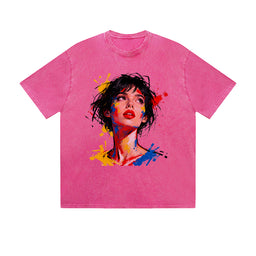 Solid Color T-Shirt Colorful Portrait Art Woman Face Graphic Print Casual Daily Streetwear Feel lives
