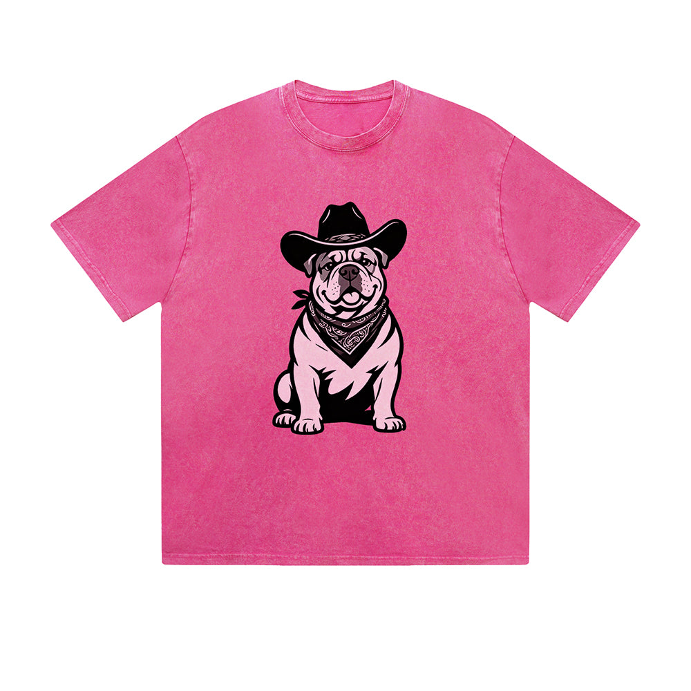Vintage Washed T-Shirt Cool Bulldog Cowboy Hat Bandana Graphic Print Casual Daily Streetwear Feel lives