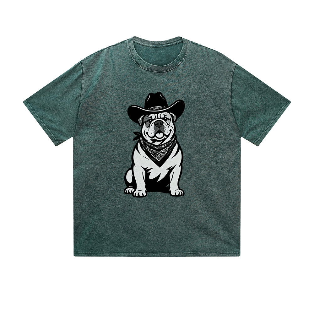 Vintage Washed T-Shirt Cool Bulldog Cowboy Hat Bandana Graphic Print Casual Daily Streetwear Feel lives