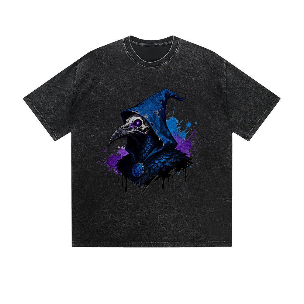 Solid Color T-Shirt Mysterious Raven Wizard Hat Gothic Graphic Print Casual Daily Streetwear Feel lives