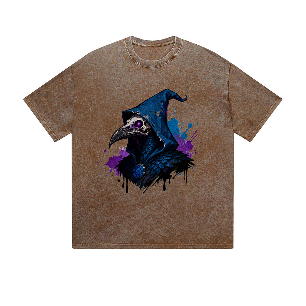Solid Color T-Shirt Mysterious Raven Wizard Hat Gothic Graphic Print Casual Daily Streetwear Feel lives
