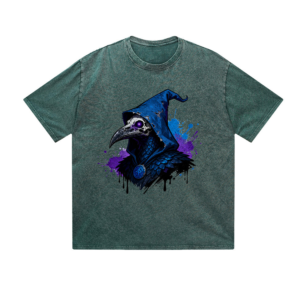 Solid Color T-Shirt Mysterious Raven Wizard Hat Gothic Graphic Print Casual Daily Streetwear Feel lives