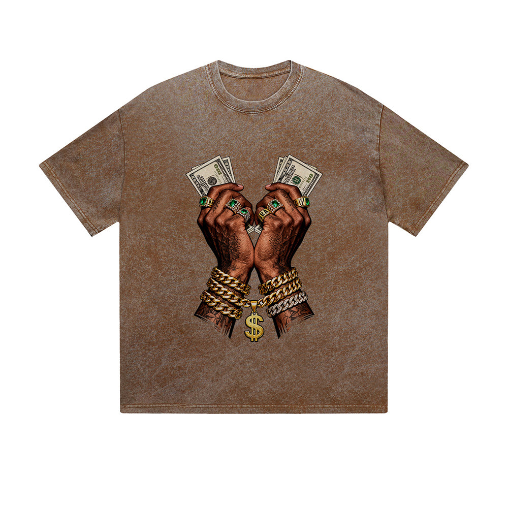 Vintage Washed T-Shirt Money Chain Hands Hip Hop Graphic Print Casual Daily Streetwear Feel lives