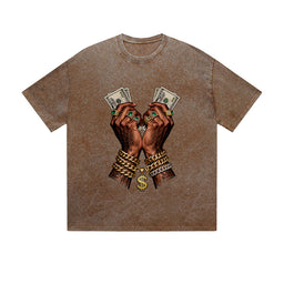 Vintage Washed T-Shirt Money Chain Hands Hip Hop Graphic Print Casual Daily Streetwear Feel lives