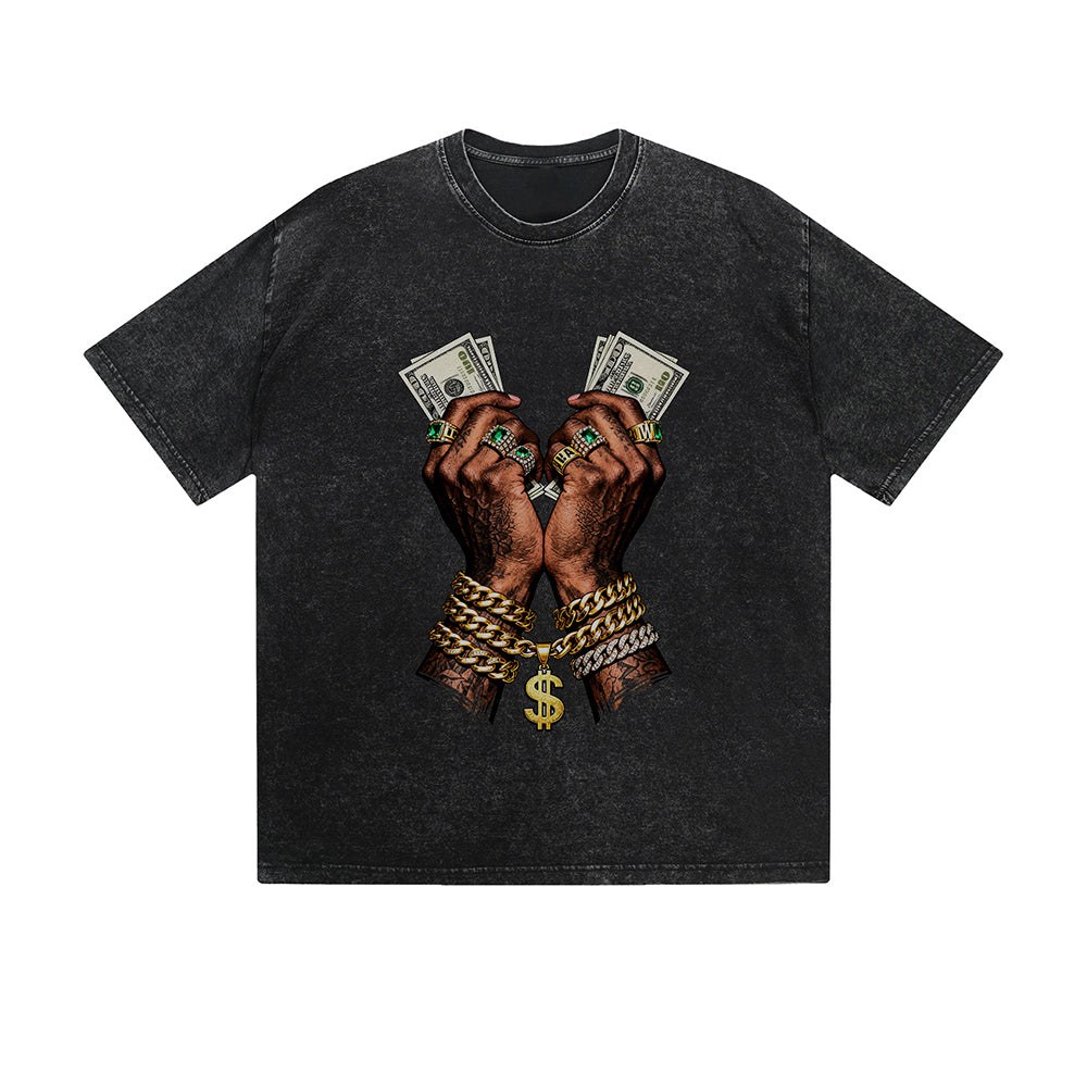Vintage Washed T-Shirt Money Chain Hands Hip Hop Graphic Print Casual Daily Streetwear Feel lives