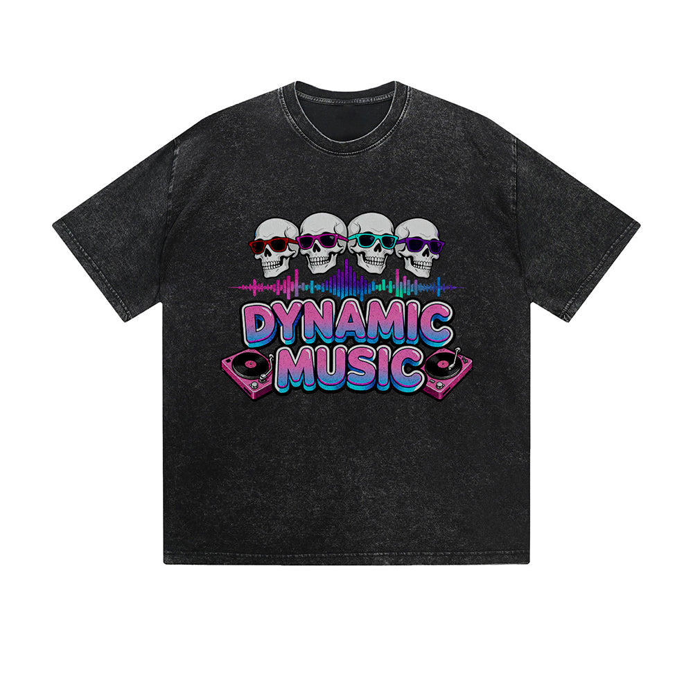 Vintage Washed T-Shirt Dynamic Music Skull DJ Graphic Print Casual Daily Streetwear Feel lives