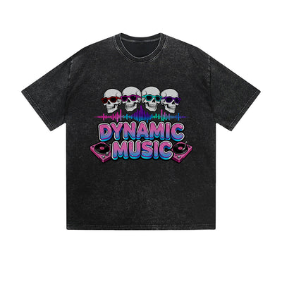 Vintage Washed T-Shirt Dynamic Music Skull DJ Graphic Print Casual Daily Streetwear Feel lives