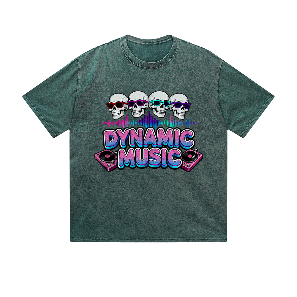 Vintage Washed T-Shirt Dynamic Music Skull DJ Graphic Print Casual Daily Streetwear Feel lives