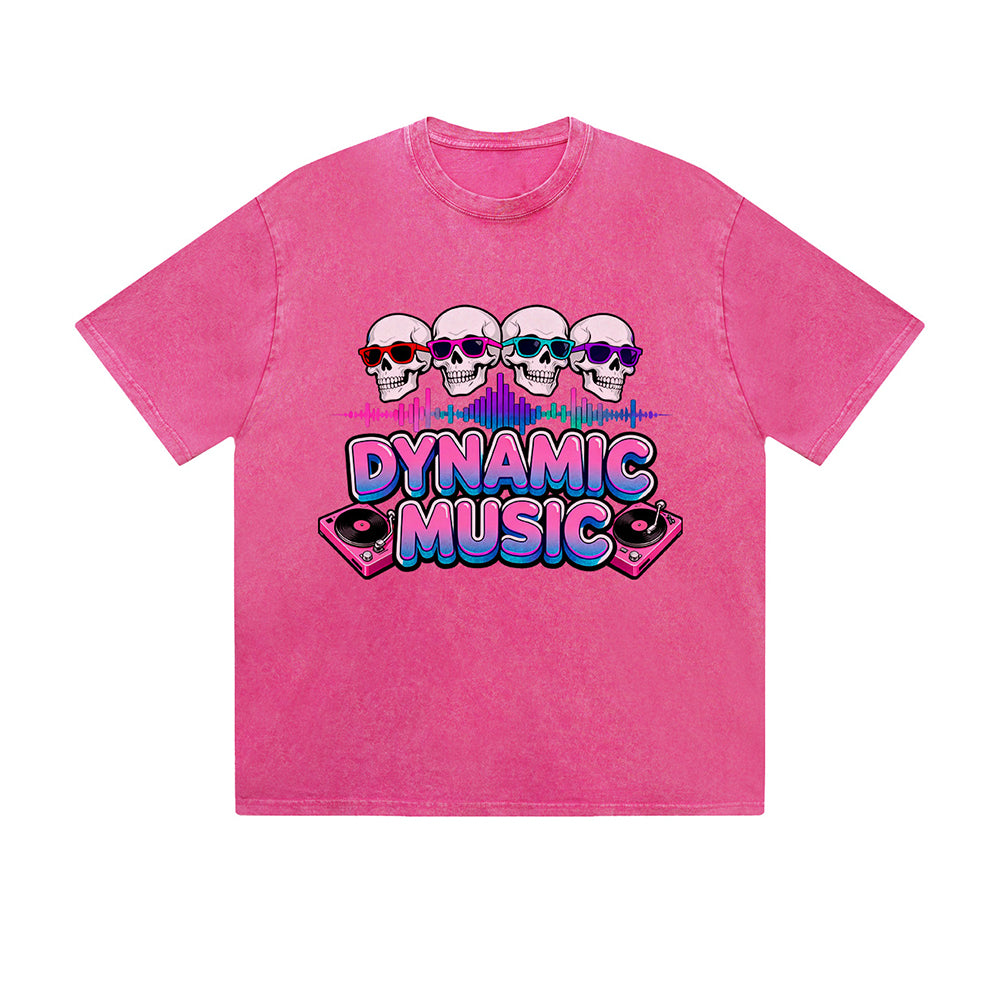 Vintage Washed T-Shirt Dynamic Music Skull DJ Graphic Print Casual Daily Streetwear Feel lives