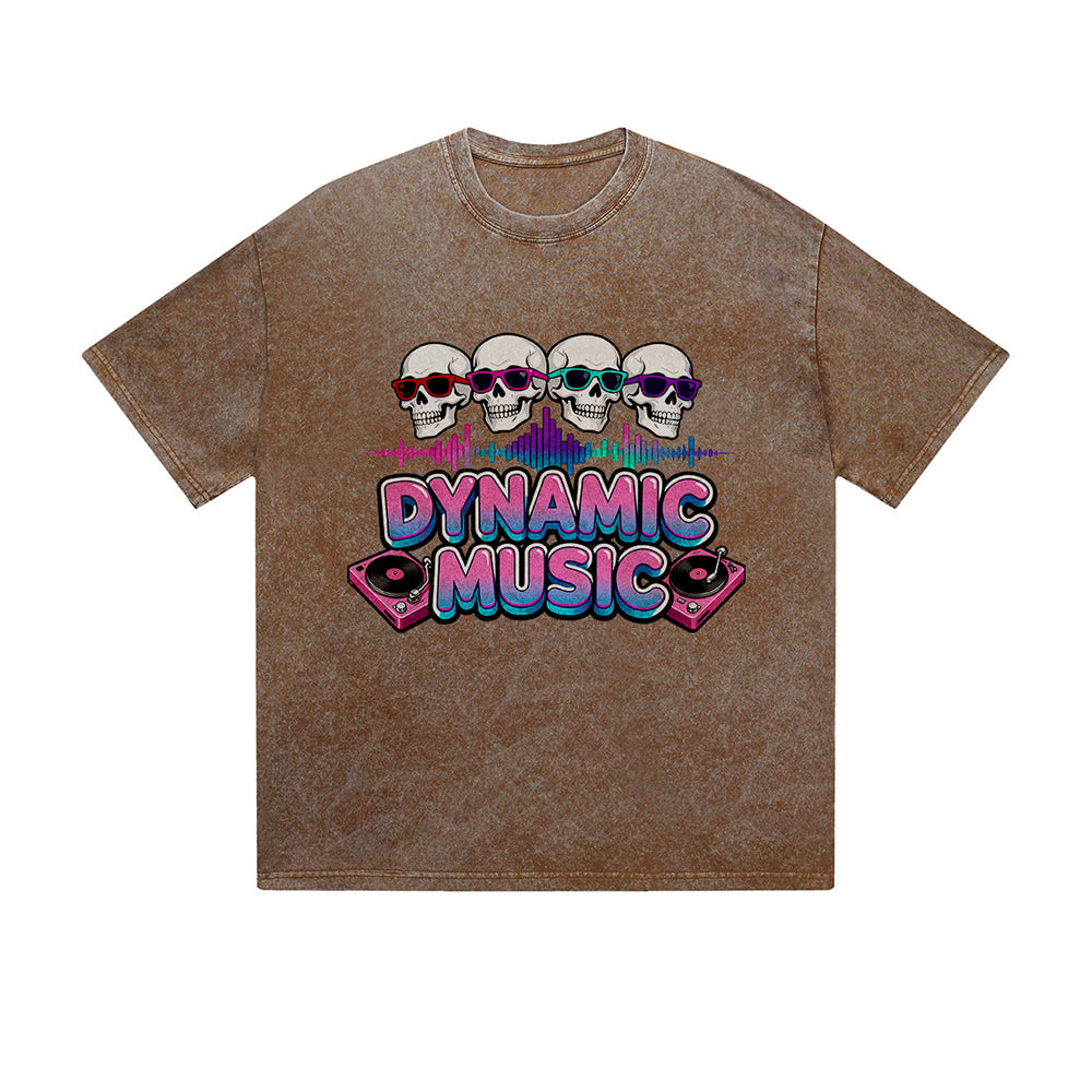 Vintage Washed T-Shirt Dynamic Music Skull DJ Graphic Print Casual Daily Streetwear Feel lives