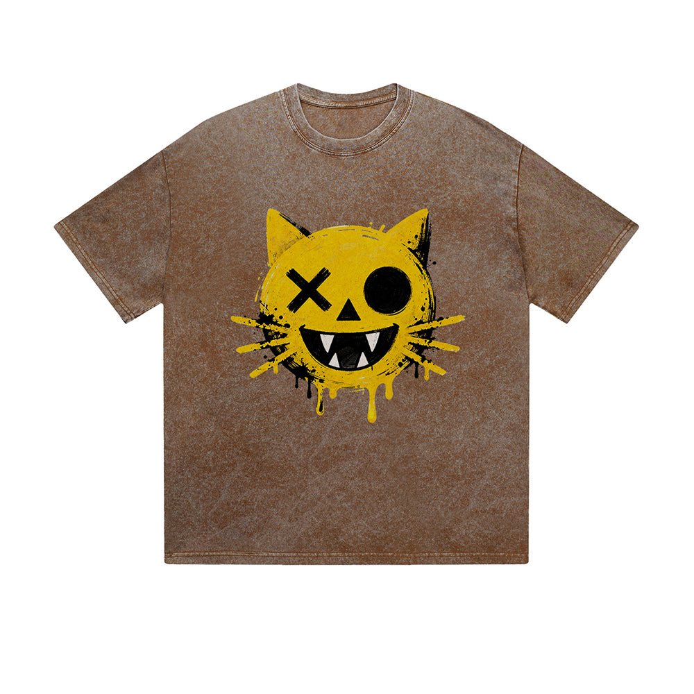 Vintage Washed T-Shirt Graffiti Cat Drip Smiley Face Graphic Print Casual Daily Streetwear Feel lives