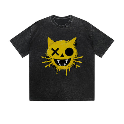 Vintage Washed T-Shirt Graffiti Cat Drip Smiley Face Graphic Print Casual Daily Streetwear Feel lives
