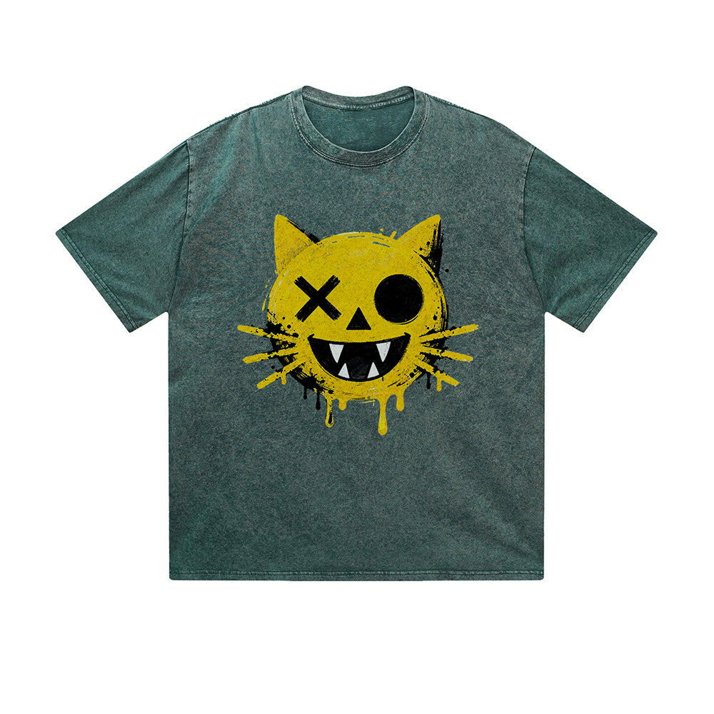Vintage Washed T-Shirt Graffiti Cat Drip Smiley Face Graphic Print Casual Daily Streetwear Feel lives