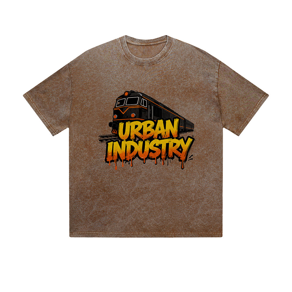 Vintage Washed T-Shirt Urban Industry Train Graffiti Graphic Print Casual Daily Streetwear Feel lives