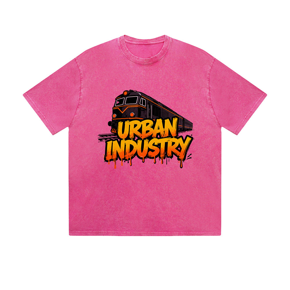 Vintage Washed T-Shirt Urban Industry Train Graffiti Graphic Print Casual Daily Streetwear Feel lives