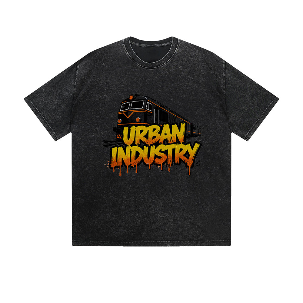 Vintage Washed T-Shirt Urban Industry Train Graffiti Graphic Print Casual Daily Streetwear Feel lives