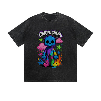 Vintage Washed T-Shirt Carpe Diem Colorful Skull Graphic Print Casual Daily Streetwear Feel lives