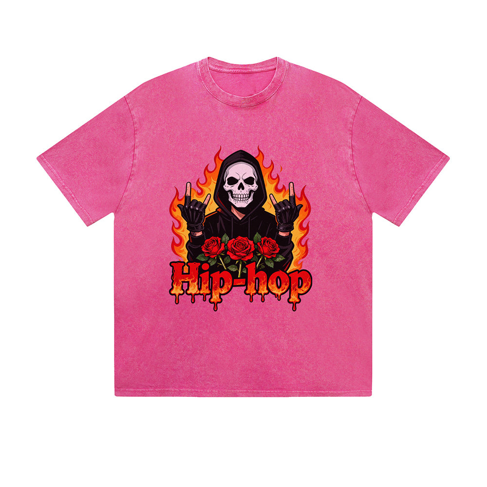 Vintage Washed T-Shirt Hip Hop Skull Rose Flame Graphic Print Casual Daily Streetwear Feel lives