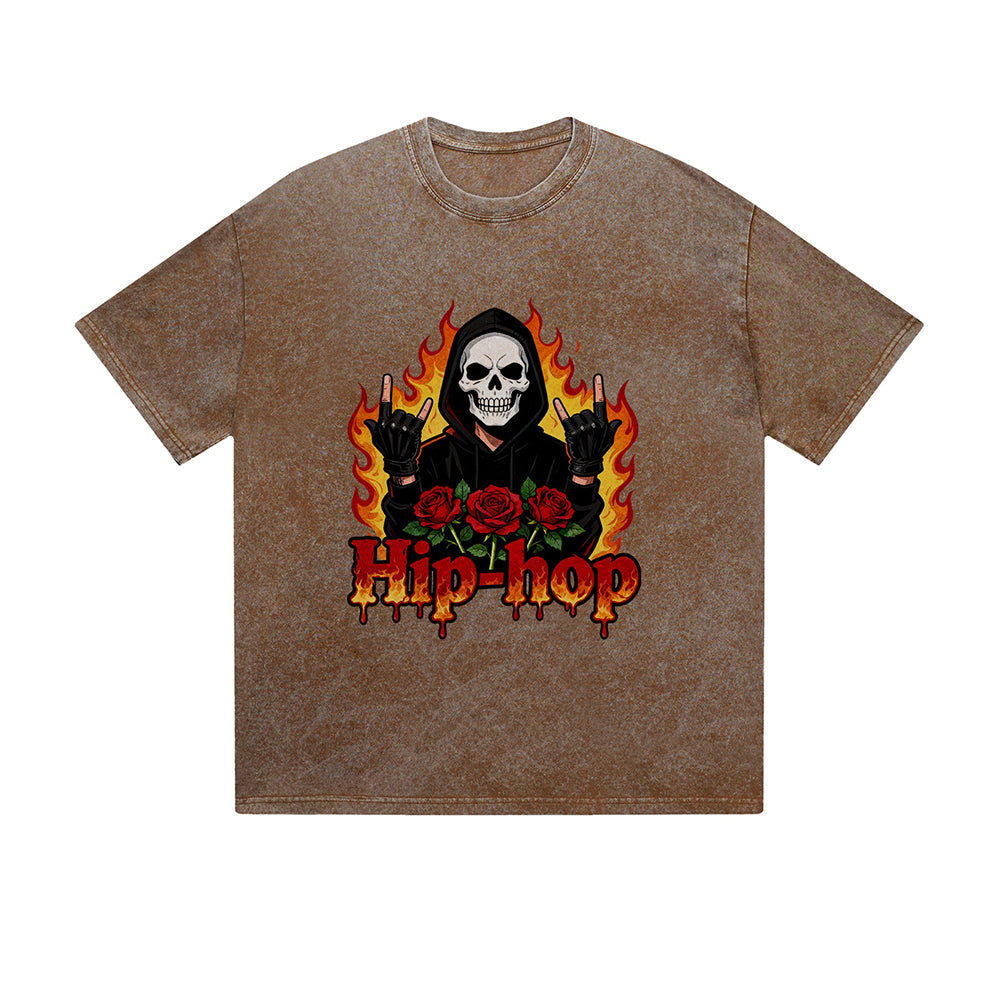 Vintage Washed T-Shirt Hip Hop Skull Rose Flame Graphic Print Casual Daily Streetwear Feel lives