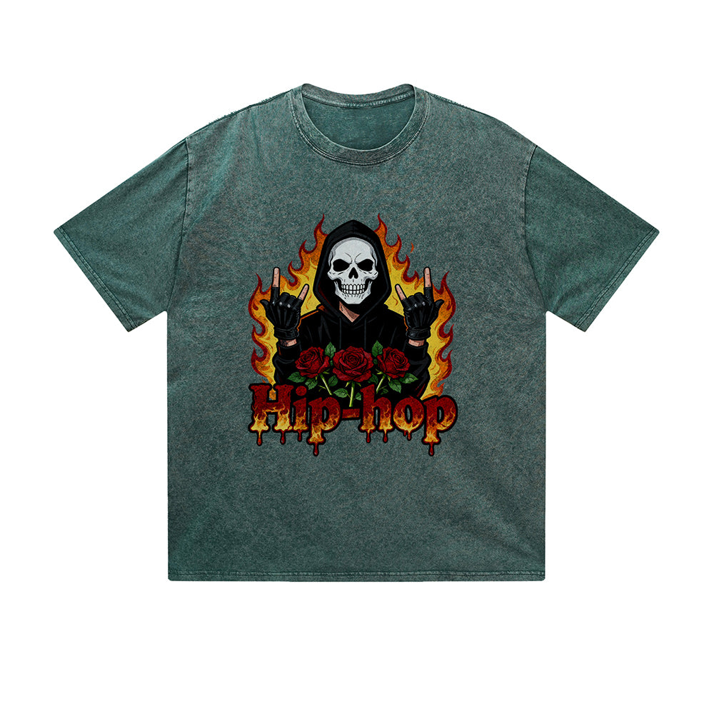 Vintage Washed T-Shirt Hip Hop Skull Rose Flame Graphic Print Casual Daily Streetwear Feel lives
