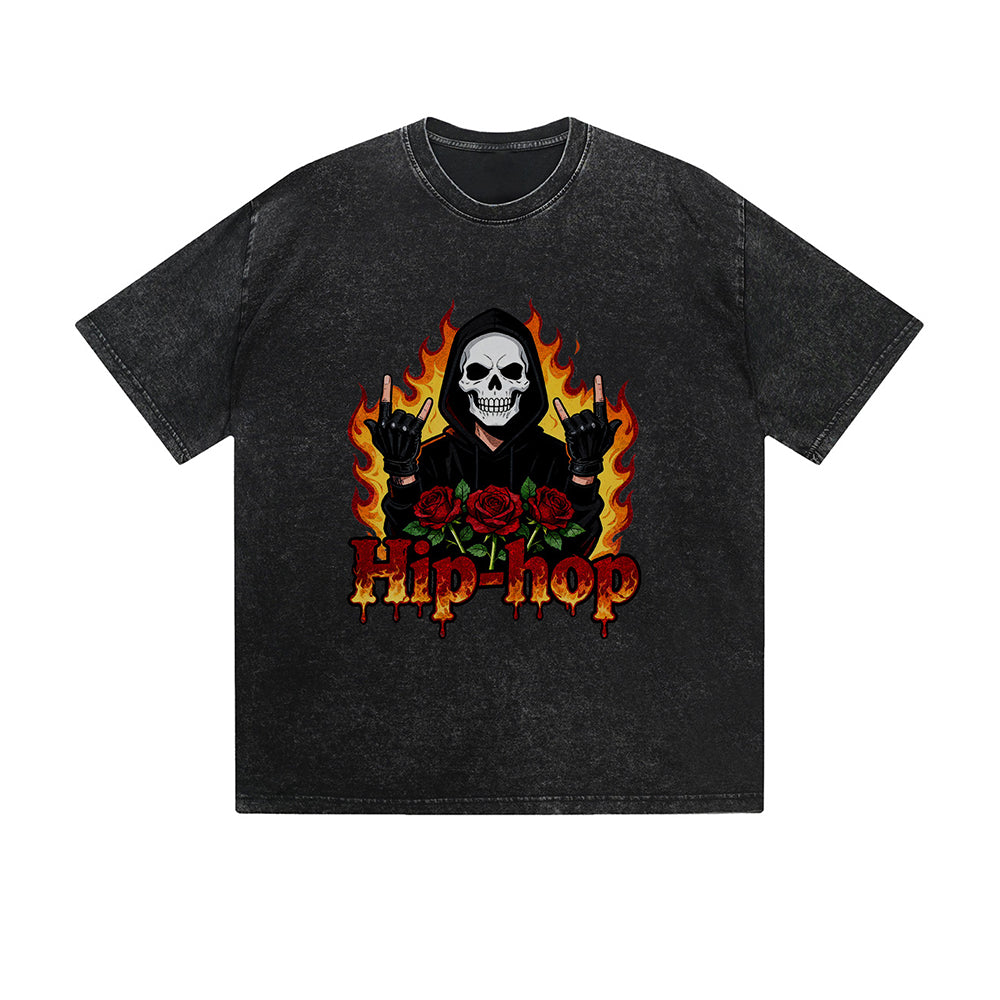 Vintage Washed T-Shirt Hip Hop Skull Rose Flame Graphic Print Casual Daily Streetwear Feel lives