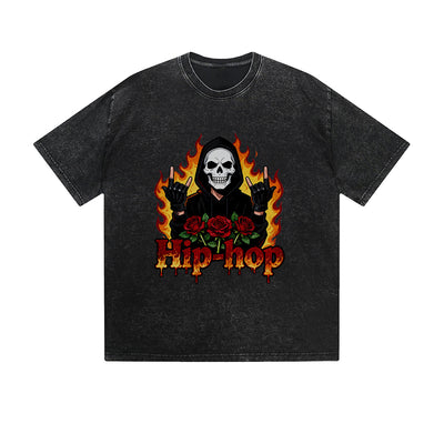 Vintage Washed T-Shirt Hip Hop Skull Rose Flame Graphic Print Casual Daily Streetwear Feel lives