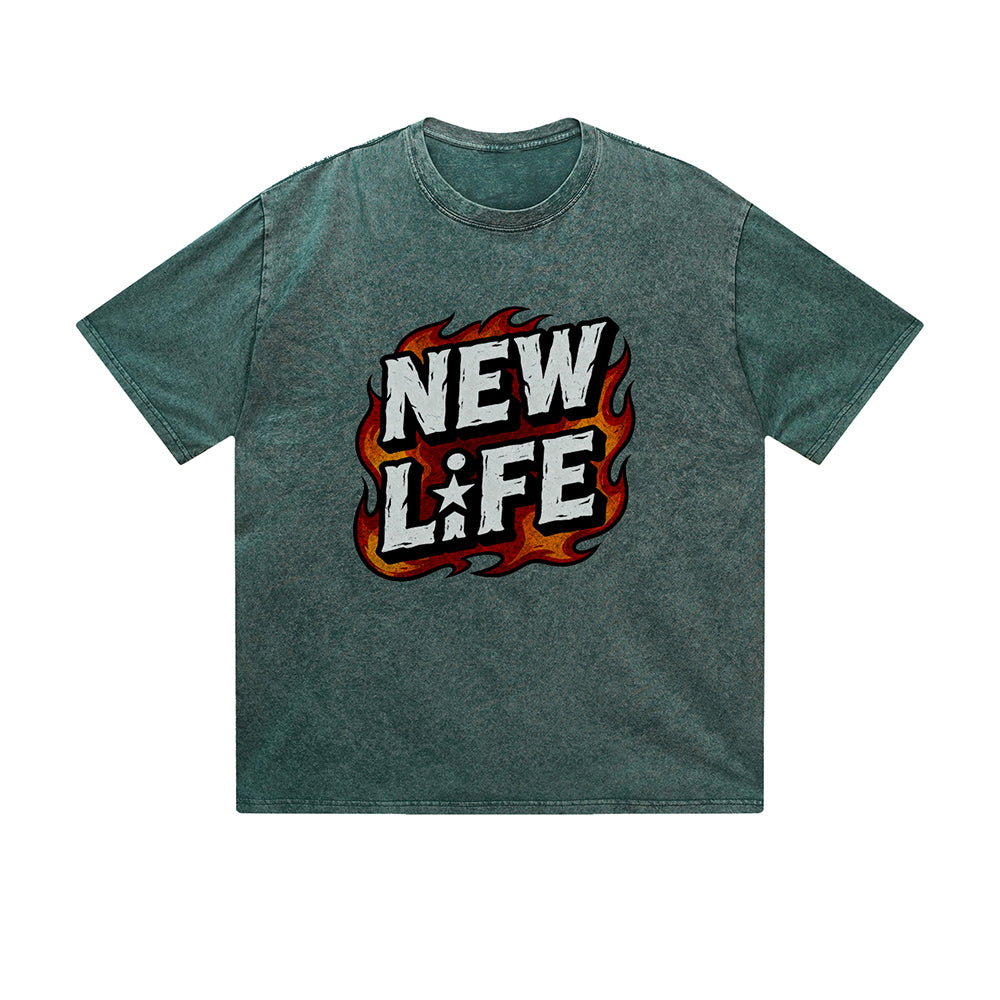 Vintage Washed T-Shirt New Life Flame Text Graphic Print Casual Daily Streetwear Feel lives