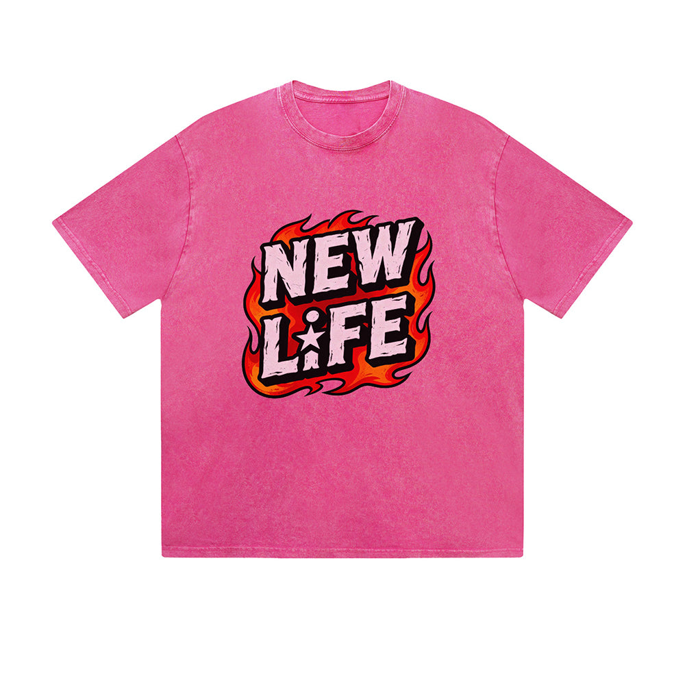 Vintage Washed T-Shirt New Life Flame Text Graphic Print Casual Daily Streetwear Feel lives
