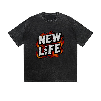 Vintage Washed T-Shirt New Life Flame Text Graphic Print Casual Daily Streetwear Feel lives